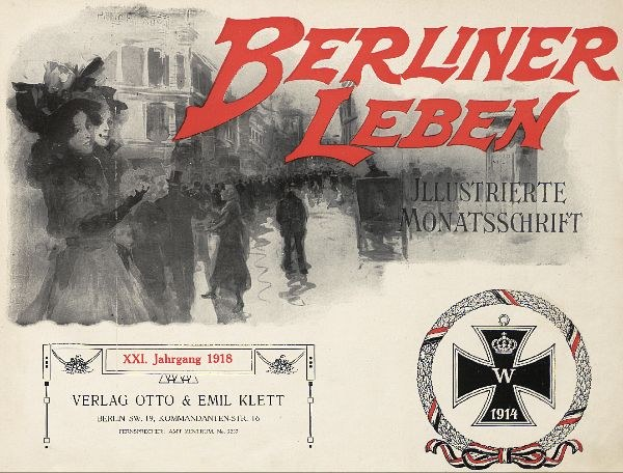 Alter Buchumschlag mit dem Titel "Berliner Leben" zeigt eine Gruppe von Menschen in Feierlaune und ein militärisch anmutendes Logo.