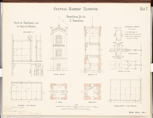 Cover of a book featuring a detailed architectural drawing of the Central Bahnhof Hannover building, including windows, doors, and other structural elements, with accompanying text about the design.