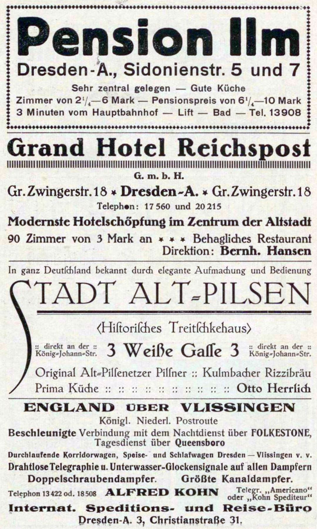 Black text on white background advertising the Pension Inn in Dresden, Germany, from an old newspaper.