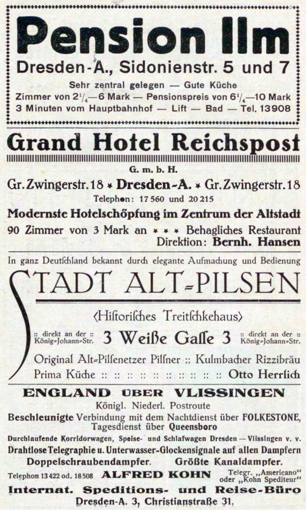 Black text on white background advertising the Pension Inn in Dresden, Germany, from an old newspaper.