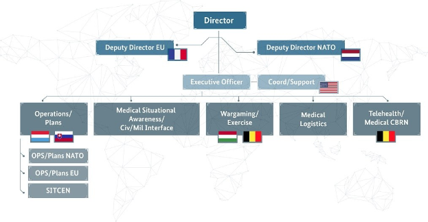 Diagramm der organisationalen Struktur der Europäischen Union mit Flaggen der Mitgliedsländer und beschrifteten Abteilungen und Rollen.