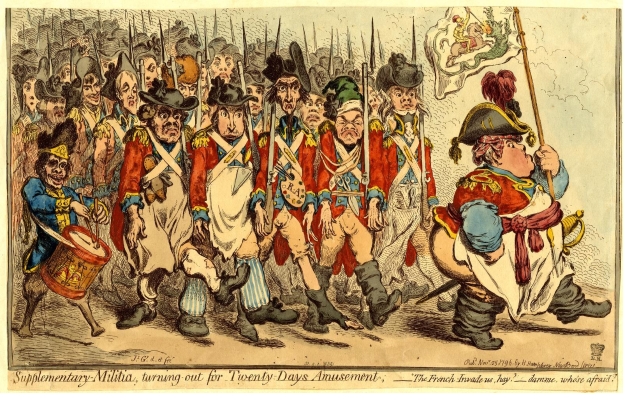 Cartoon of men in military uniforms marching down a street, some holding weapons, with text reading 'Supplementary Militia, turning out for twenty-days amusement' at the bottom.