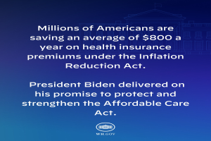 Blauer Hintergrund mit weißer Schrift, die besagt "Millionen von Amerikanern sparen durchschnittlich 800 USD im Jahr an Gesundheitsversicherungsprämien unter dem Inflation Reduction Act" und ein Logo in der Mitte.