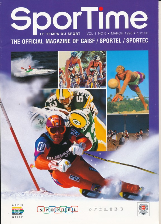 Magazinumschlag betitelt "Sporttime Magazine - März 1996" mit Bildern von Menschen beim Skifahren und Snowboarden sowie Text und Logos.