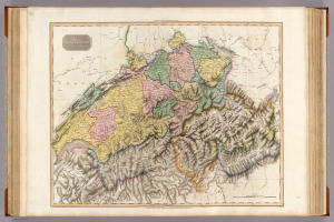 Ein altes Buch mit einer detaillierten Landkarte der Schweiz auf dem Cover, das Regionen und Nachbarländer zeigt, begleitet von beschreibendem Text.