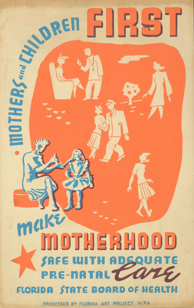 Plakat mit fetter weißer Schrift "Mutterschaft durch ausreichende Vorsorge sicherstellen" auf hellblauem Hintergrund, mit lachenden Menschen verschiedenen Alters, Geschlechts und Ethnien.