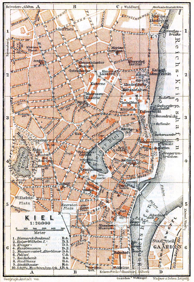 Eine alte Karte von Kiel, Deutschland, die detaillierte Straßen, Gebäude und Sehenswürdigkeiten zeigt, mit Text oben und unten auf dem Papier.