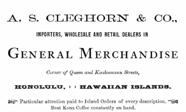 Ein schwarzes und weißes Blatt mit der Aufschrift "A.S. Cleghorn & Co. Importeure, Groß- und Einzelhandelsgeschäft für Allgemeine Handelswaren" darauf.