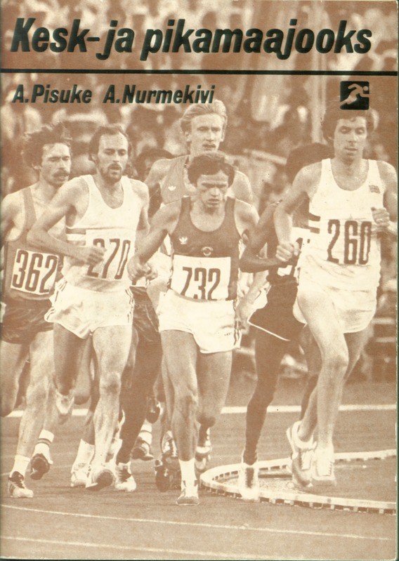 A book cover titled "Kesk-ja pikamaajooks" featuring a group of men running on a track in athletic shoes.