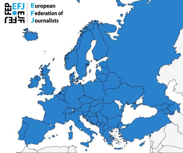 A map of Europe highlighting the European Federation of Journalists (EFJ) in blue with additional text details about the organization.