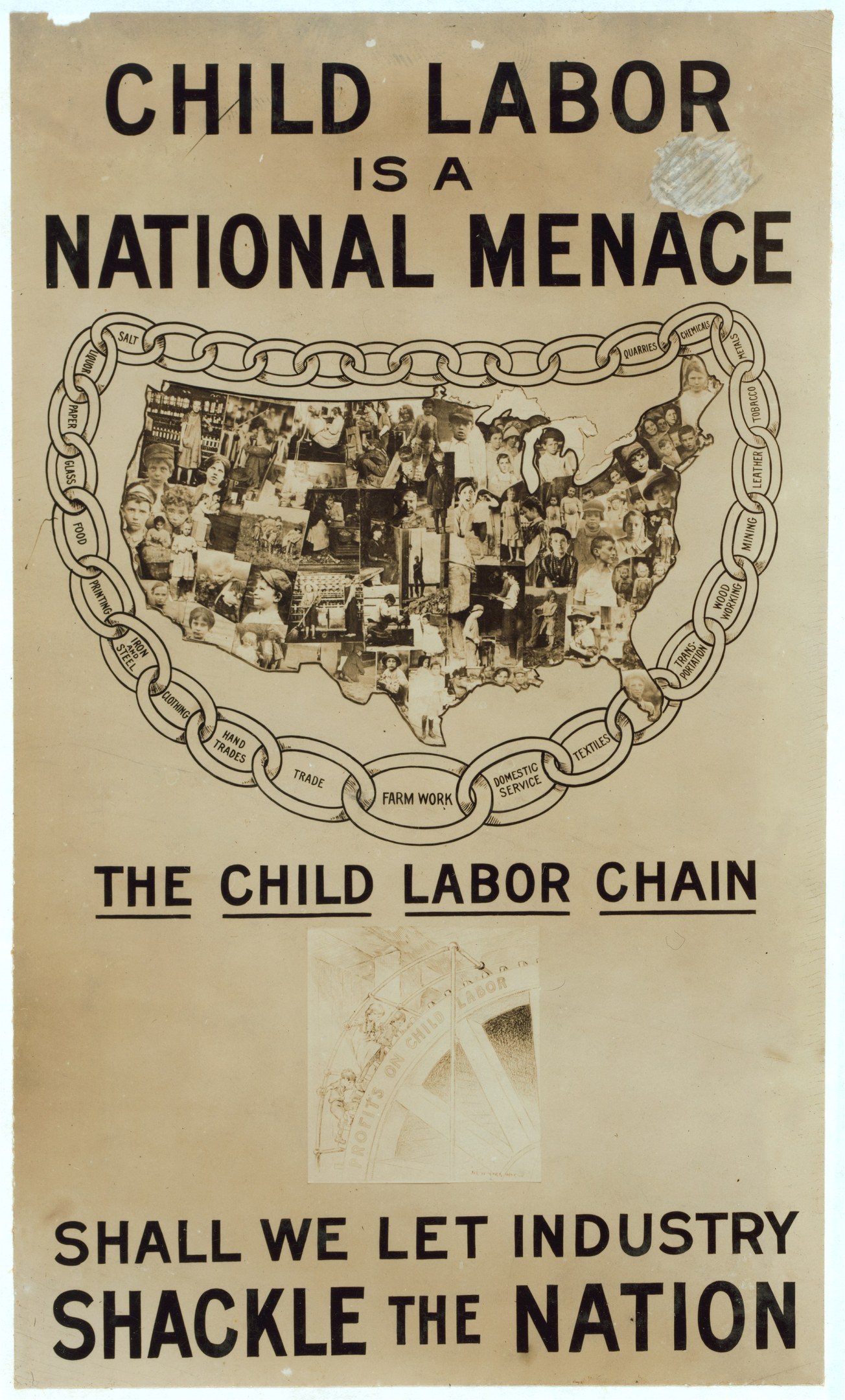 Plakat mit der Aufschrift 'Kinderaarbeit ist eine nationale Bedrohung - Sollen wir die Industrie das Land fesseln lassen' in fetter schwarzer Schrift auf einem weißen Hintergrund, das eine vielfältige Gruppe von Menschen zeigt, die gemeinsam gegen Kinderaarbeit eintreten.