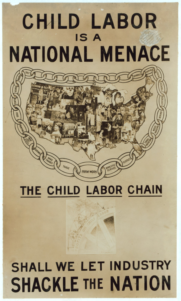 Plakat mit der Aufschrift 'Kinderaarbeit ist eine nationale Bedrohung - Sollen wir die Industrie das Land fesseln lassen' in fetter schwarzer Schrift auf einem weißen Hintergrund, das eine vielfältige Gruppe von Menschen zeigt, die gemeinsam gegen Kinderaarbeit eintreten.