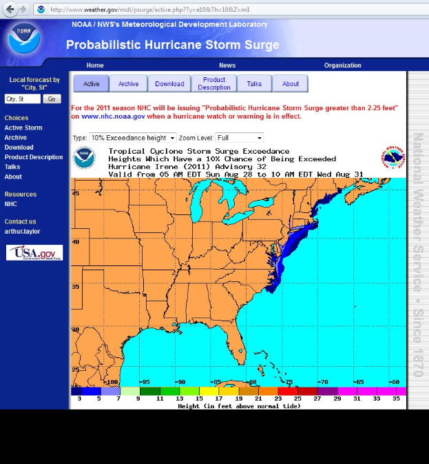 Map of the United States showing hurricane storm surge probability with varying shades of blue indicating severity and additional storm information text.