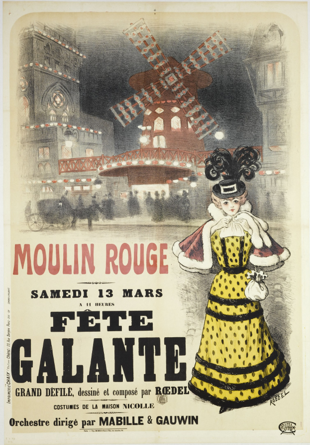 Plakat, das ein Moulin Rouge Fete Galante bewirbt, mit einer Frau in einem gelben Kleid, die vor einem Gebäude mit einer Windmühle im Hintergrund steht.