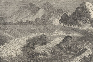 Three women sitting in the ocean holding books, with mountains in the background, in a black-and-white image titled "The Book of Mormon".