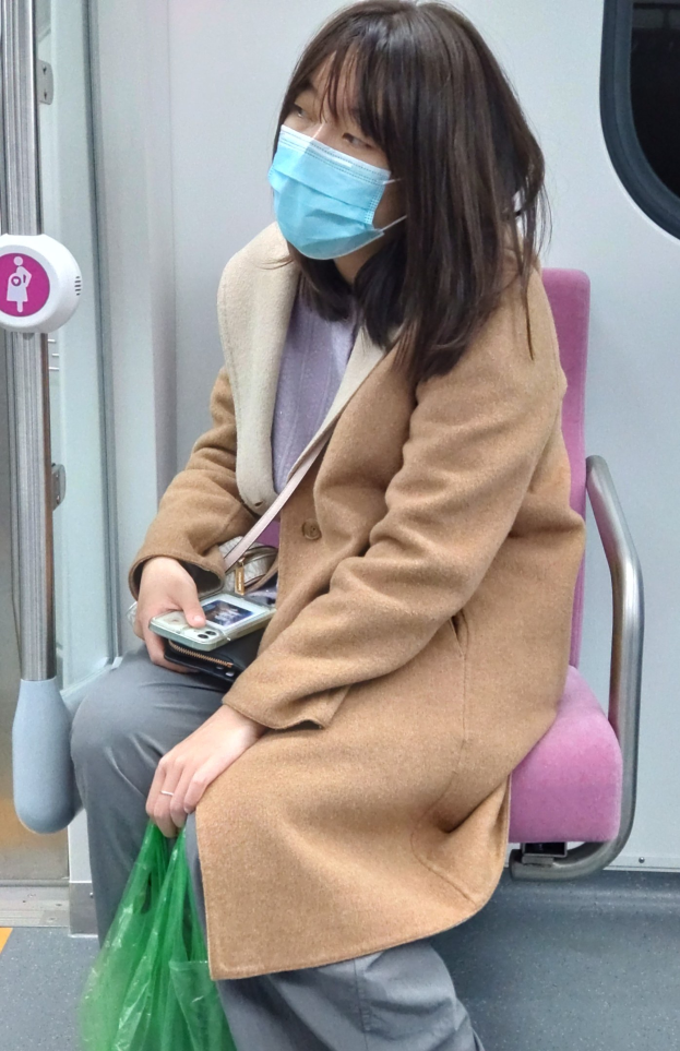 Eine Frau mit Gesichtsmaske sitzt in einem Zug, hält ein Mobiltelefon und eine Tasche, mit einer Tür auf ihrer linken Seite.