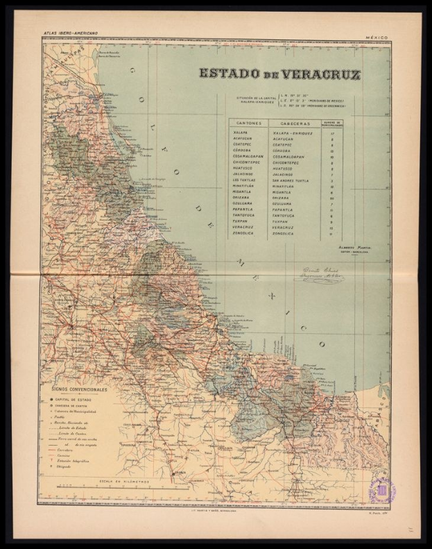 Alte schwarze Rahmenkarte von Veracruz, Mexiko, mit Flüssen, Bergen und Städten.