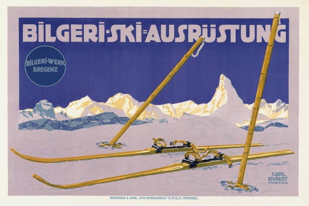 Plakat, das eine Skigebietswerbung in den Schweizer Alpen zeigt, mit Skiern im Vordergrund und schneebedeckten Bergen im Hintergrund, einschließlich Text über das Skigebiet.