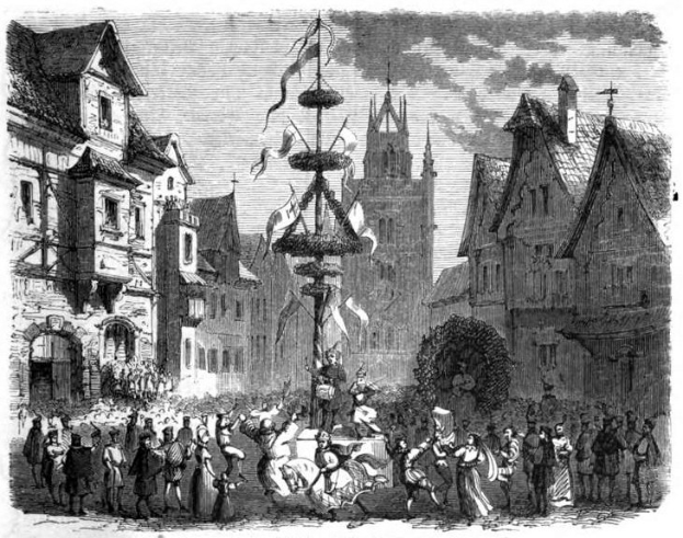 Black and white drawing of a crowd in a city square with a central pole, buildings in the background, and text at the bottom reading "The Festival of the Holy Sepulchre".