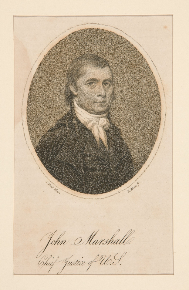 Porträt von John Marshall, Chief Justice of the United States, mit einem menschlichen Gesicht in der Mitte und Text unten.