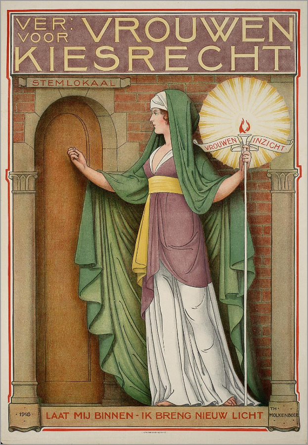 A woman in a white dress stands determinedly before a door, holding a torch, with the poster text "Vrouwen voor Kiesrecht" behind her.