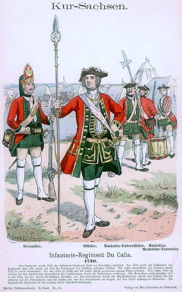 Group of men in 18th-century military uniforms standing together, one holding a musket, with tents and grass in the background and the text "Infanterie-Regiment du Cailla 1730" at the bottom.