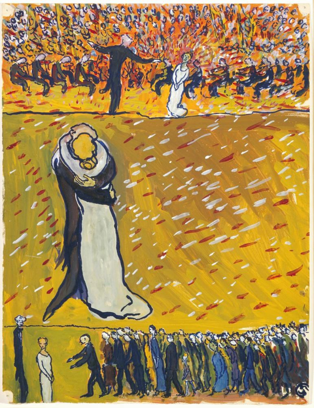 Painting titled "Dance in the Rain" by ARTIST showing a man in a white shirt and black hat dancing with a woman in an apron and dress in the rain, surrounded by a joyful crowd, with vibrant colors and an atmosphere of celebration.