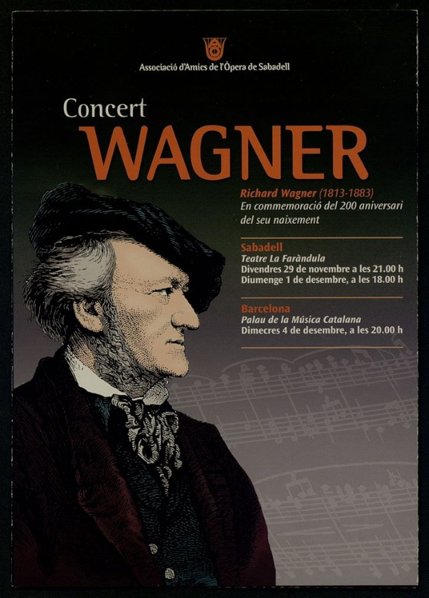 Plakat für ein Konzert mit einem Porträt von Richard Wagner in einem schwarzen Anzug mit zurückgekämmtem Haar, ernstem Gesichtsausdruck und hellblauem Hintergrund, mit fetter schwarzer Schrift, die die Veranstaltungsdetails bereitstellt.