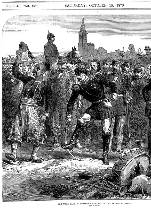 Schwarz-weißes historisches Illustration von einer besorgten Gruppe von Menschen vor einem hohen, beeindruckenden Gebäude während des Sachsen-Anhalt-Krieges am 15. Oktober 1870, mit einem untergehenden Sonnenuntergang.