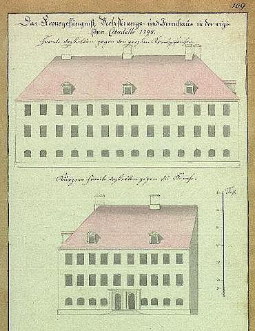 A drawing of a 17th-century German school building, the Schlossfrauenhaus, with a red roof, accompanied by text on the same paper.