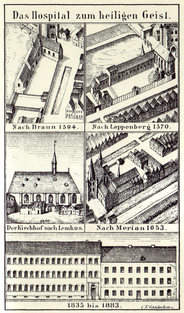 Detailreiche Abbildung eines deutschen Krankenhausgebäudes auf einem Plakat, einschließlich Fenstern, Türen und Balkonen, begleitet von beschreibendem Text über seine Größe, Lage und Merkmale.