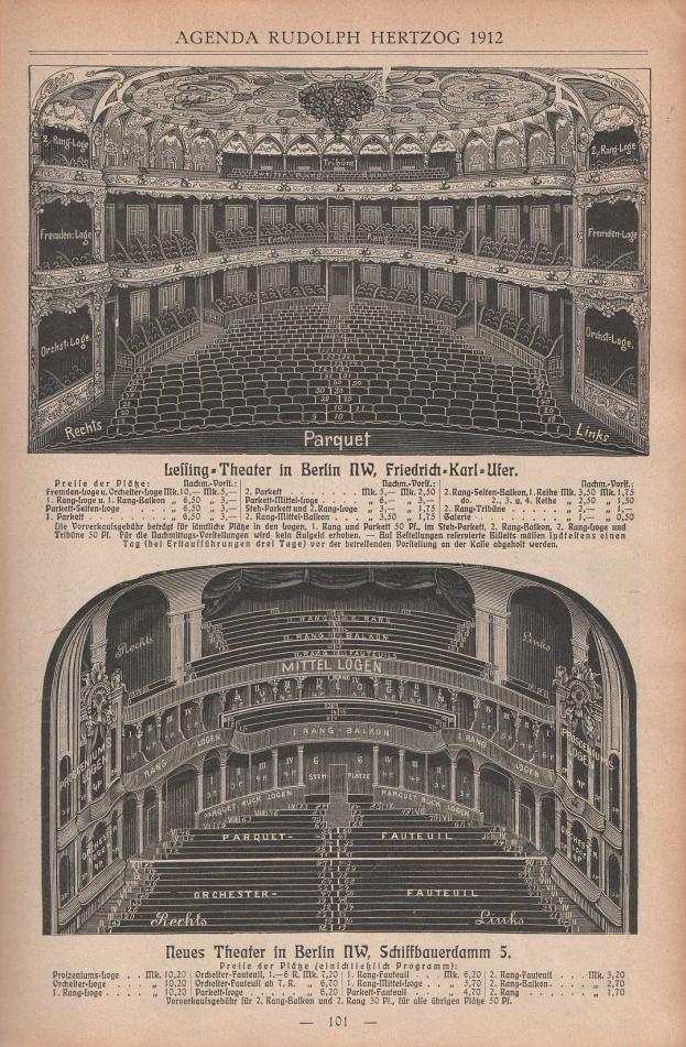 Black-and-white illustration of an old book page featuring a large auditorium in Berlin, Germany, from 1912, with detailed drawings and text describing the theatre's layout.
