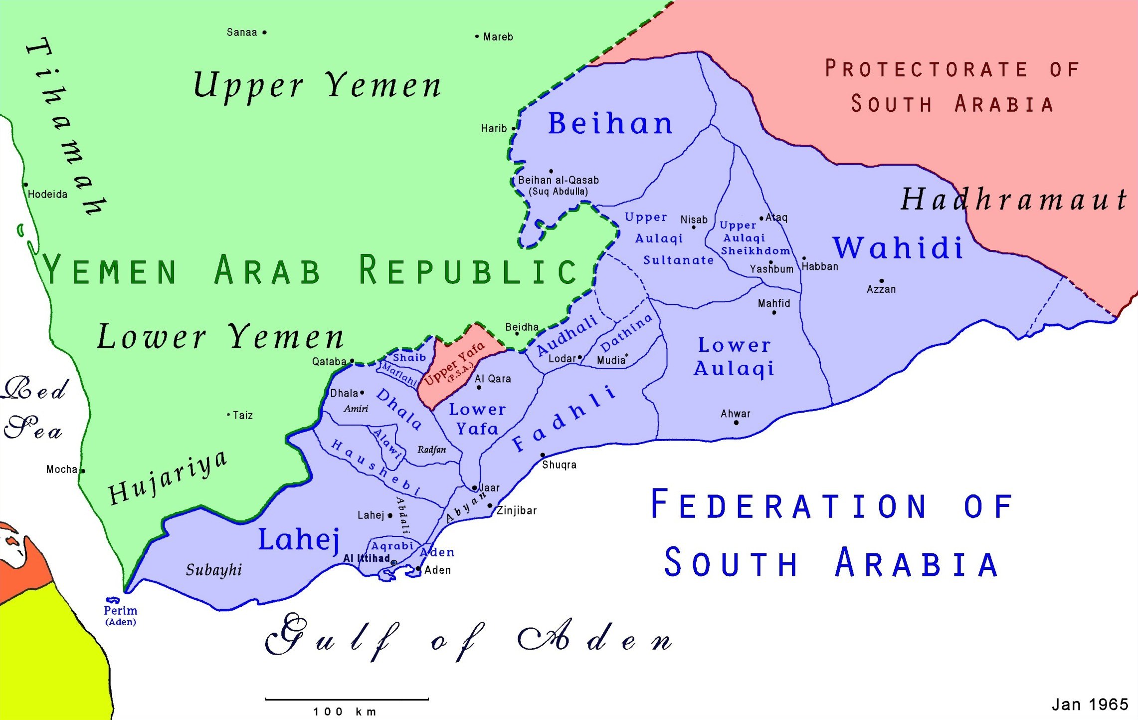 A poster featuring a map of the United Arab Emirates with the Federation of South Arabia highlighted and filled with explanatory text.