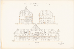A hand-drawn sketch of a multi-windowed building labeled "Landwirtschaftbibliothek Versuchtsstalt in Bremberg" on white paper.