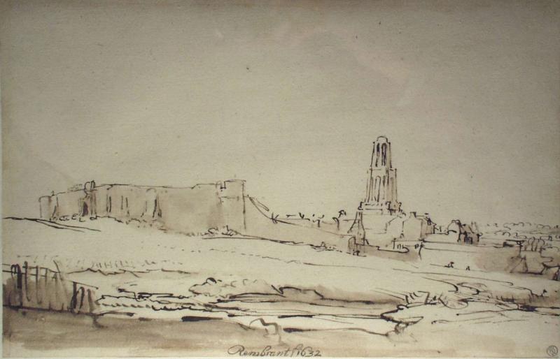 A drawing of a castle with a clock tower in the background, surrounded by a few people, with the text "Rembrandt Harmenszoon van Rijn - The Tower of Babel" at the bottom.