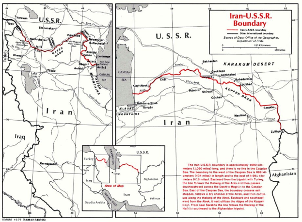Detailierte Karte der iranisch-sowjetischen Grenze mit Ländern, Grenzen, geografischen Merkmalen und zusätzlichen Textinformationen.