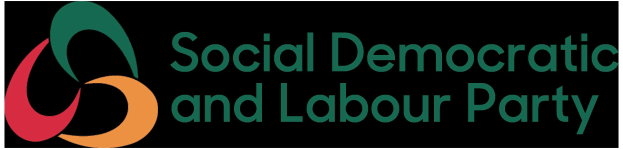 White background with centered bold black text "social democratic and labour party" surrounded by a thin black border, in a modern professional font.