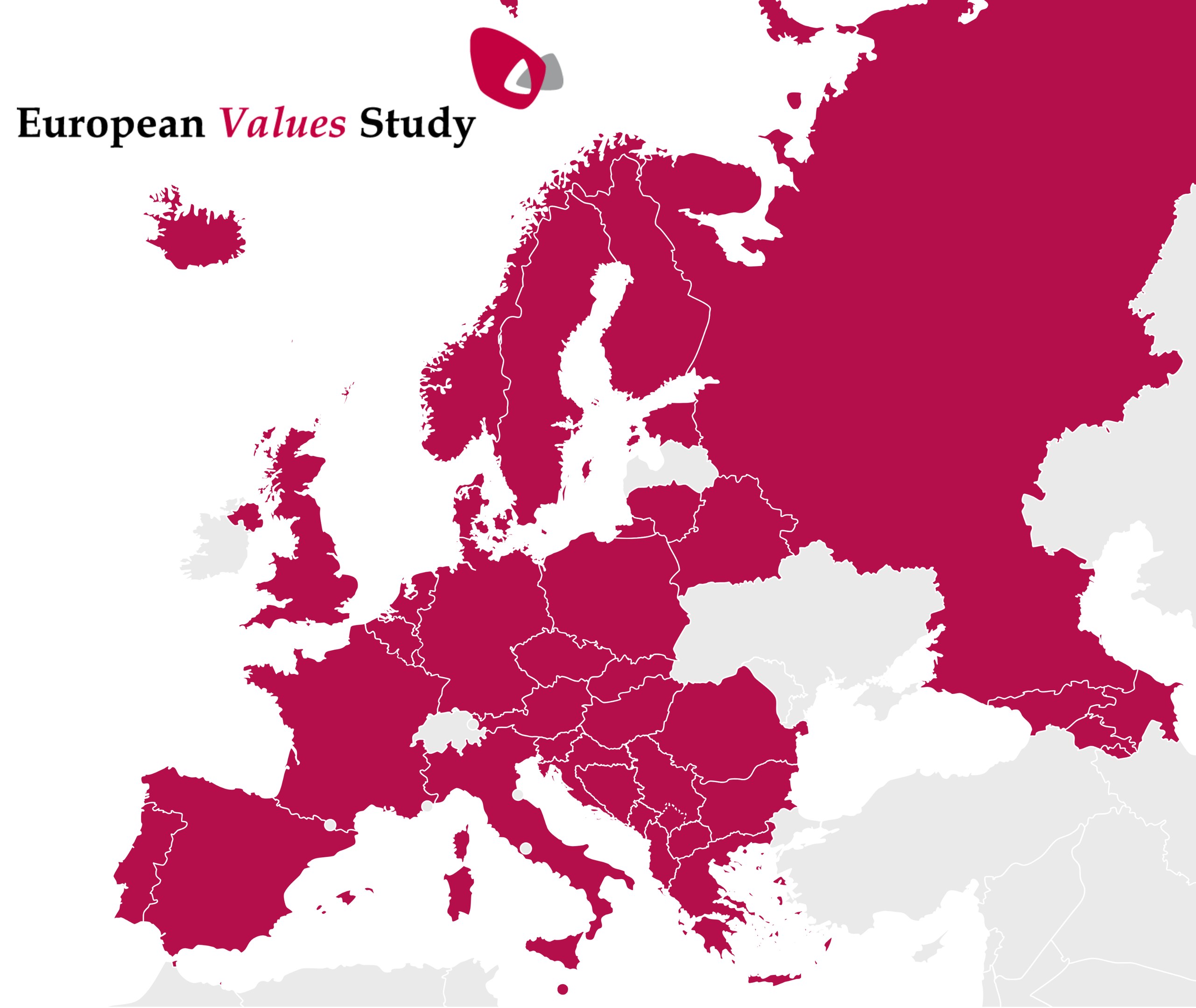 Eine Europa-Karte mit der Aufschrift "European Values Study", die verschiedene Blautöne für die unterschiedlichen europäischen Werte zeigt und eine fette schwarze Schrift oben drauf hat.