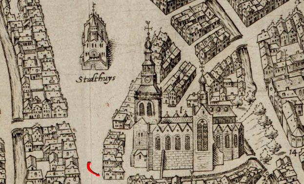 Old map of Stadthuys with a red arrow pointing to the city, featuring detailed drawings of buildings and text.