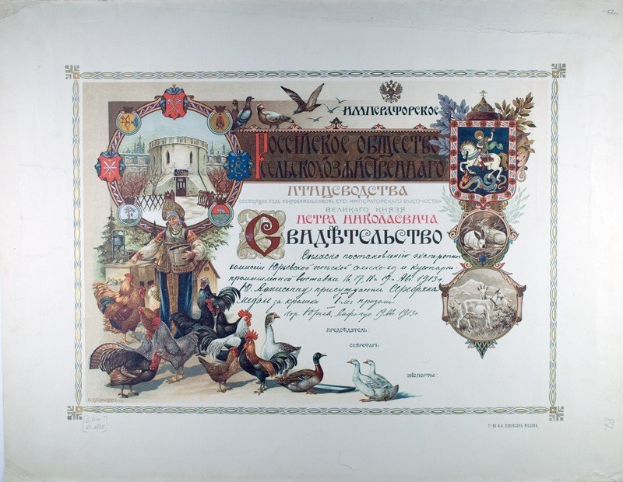 Certificate issued by the Russian Federation featuring an illustration of a man with hens, surrounded by bird and object images, with printed text.