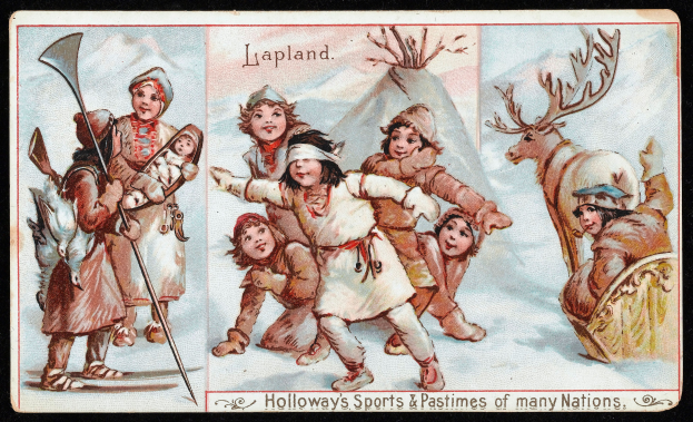 Kinder spielen im Schnee mit einem Rentier, schwarzer Hintergrund, Text unten lautet "Holloway's Sports & Pastimes of Many Nations".