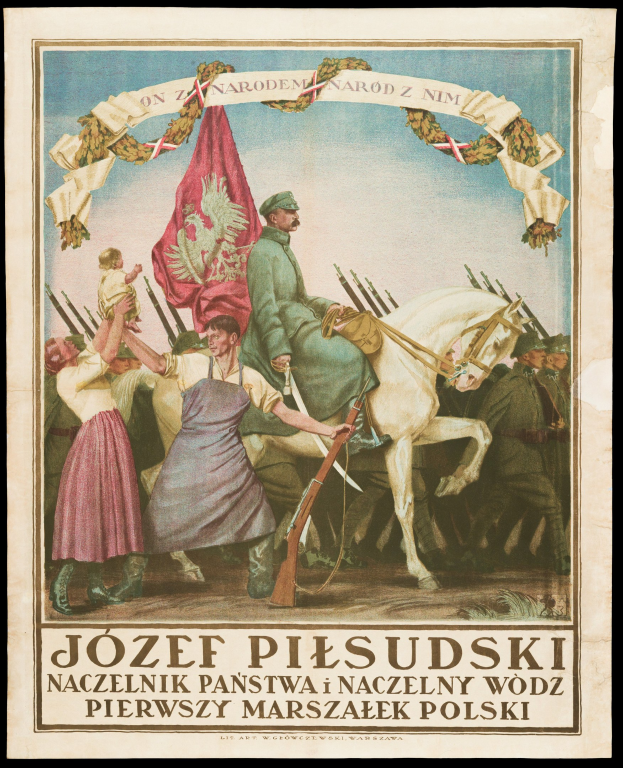 Propagandaplakat für die polnische Revolution, das eine Gruppe von Menschen zeigt, einige bewaffnet, einen Reiter und eine Fahne sowie den Text 'Polnische Revolution' unten.