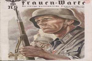 Ein deutsches Propagandaplakat aus dem Zweiten Weltkrieg, das einen Mann in militärischer Uniform mit Gewehr zeigt, mit zwei weiteren Personen im Hintergrund, Text und Logo.