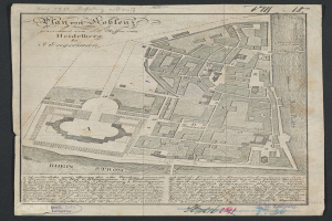 Ein altes, detailliertes Stadtplan von Heidelberg, Deutschland, auf einem schwarzen Hintergrund, der Straßen, Gebäude und Sehenswürdigkeiten zeigt, mit Text, der zusätzliche Informationen bietet.