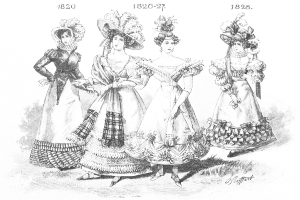 Eine Gruppe von Frauen in viktorianischen Kleidern und Hüten steht nebeneinander, mit Text und Zahlen oben und unten auf dem Bild, präsentiert eine Vielfalt von langen und kurzen Kleidern mit detaillierten Mustern und federgeschmückten Hüten.