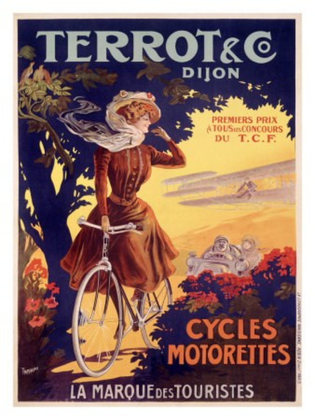 Ein Plakat, das eine Radtour in Frankreich ankündigt und eine Frau auf einem Fahrrad zeigt, die von Bäumen, Blumen und anderen Menschen umgeben ist, mit Text, der die Tour beschreibt.