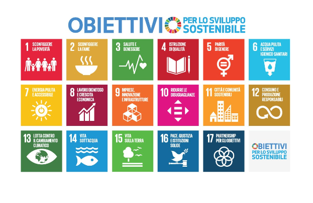 Poster titled "obiettivi per lo sviluppo sostenibile" with images and text illustrating sustainability goals.