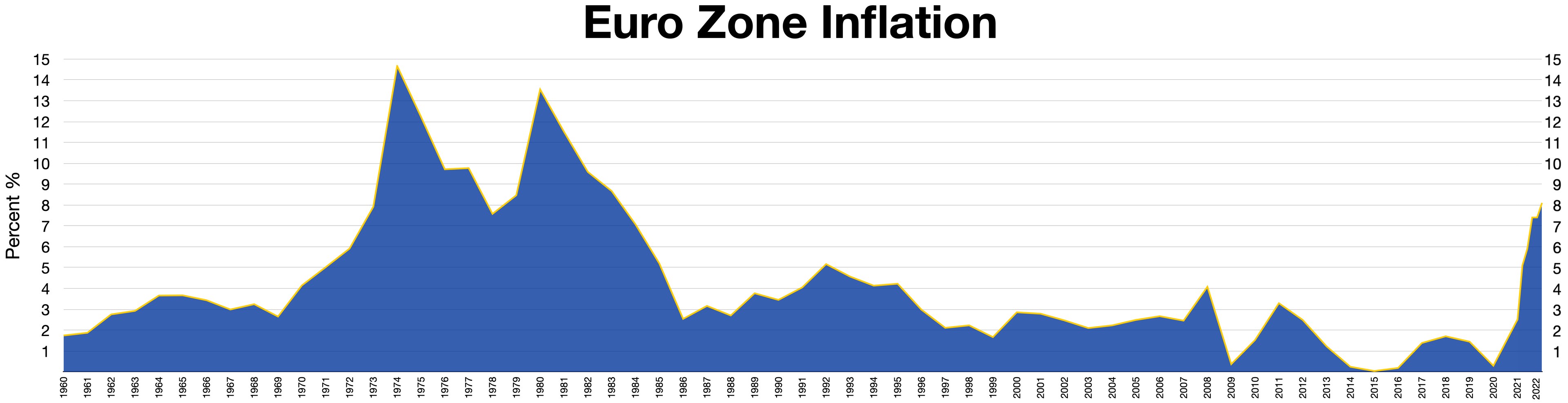 Blaue Liniengrafik, die die Euro-Zonen-Inflation in den Vereinigten Staaten zeigt, mit erklärendem Text oben.