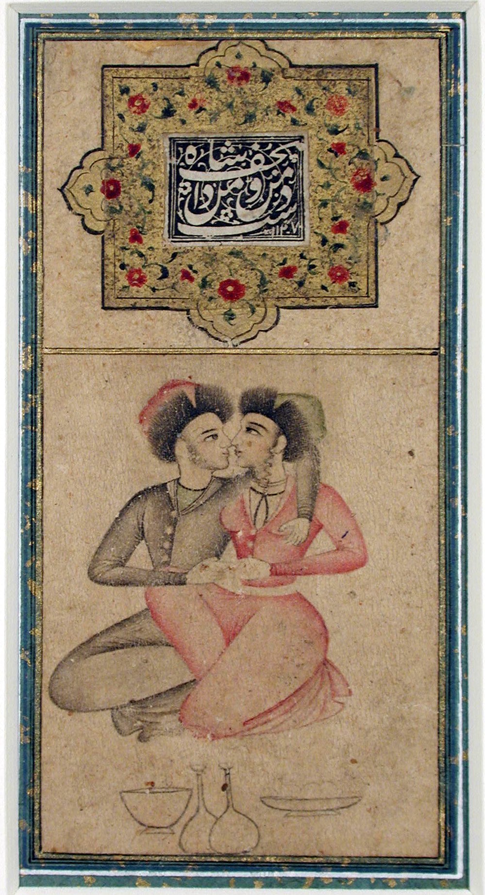Painting of a man and woman in a romantic embrace, framed by flowers and objects, likely representing a marriage from the late 19th or early 20th century.