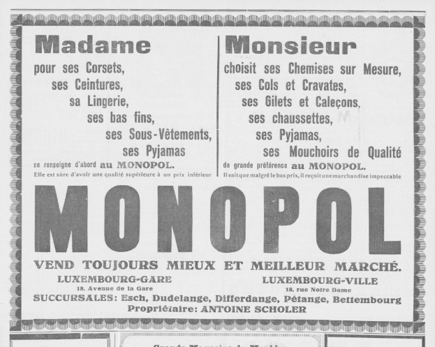 Schwarze und weiße Zeitungsanzeige für das Monopoly-Brettspiel mit Text über seine Funktionen.